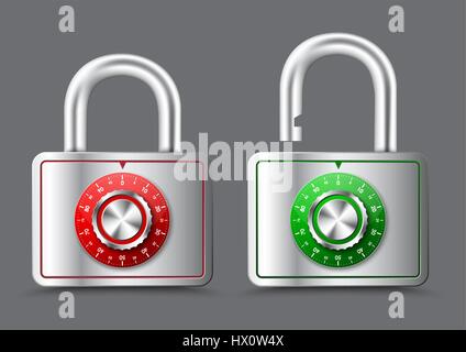 Metal rectangular Padlock with open and closed handle, with mechanical round dial for dialing a password or pincode. Vector illustration Stock Vector