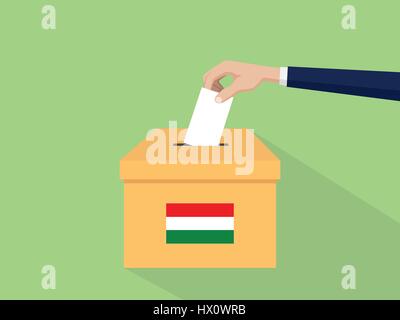 hungary election vote concept illustration with people voter hand gives votes insert to boxes election with long shadow flat style Stock Vector