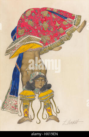 The costume design by Léon Bakst reflects his work as a renowned artist and designer, particularly for the ballet and theater. His vibrant, elaborate designs are noted for their rich colors and intricate detail, contributing to the visual impact of performances. Stock Photo