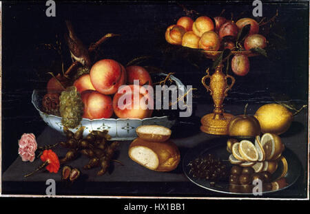 Natura morta con fruttiera e alzatina di prugne, a still life painting by Francesco Codino, an Italian painter active in Lombardy from 1620 to 1624. Stock Photo