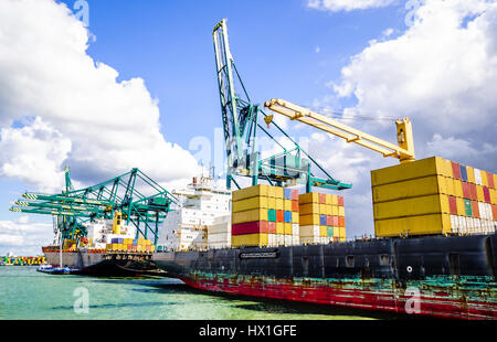 view on container ship in the port of Antwerp Stock Photo