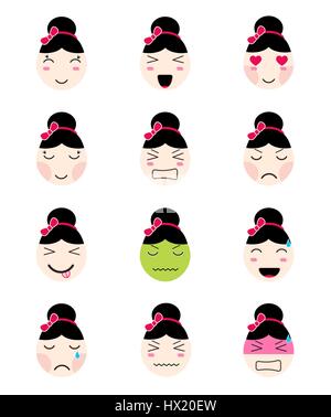 Cute emoji collection. Kawaii asian girl face different moods Stock Vector