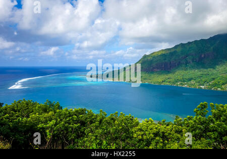 Aerial view of Opunohu Bay and lagoon in Moorea Island. French Polynesia Stock Photo