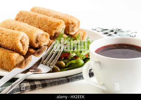 Delicious croquettes with meat and beetroot soup Stock Photo