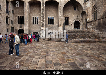 Placa del Rei medieval square and Palau Reial Major in Barcelona, Gothic Quarter (Barri Gotic) of the city, Catalonia, Spain Stock Photo