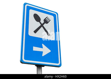 Dinning service road sign isolated on white background, close up photo Stock Photo