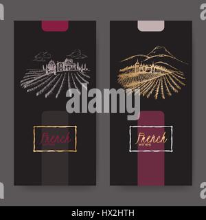 Set of two wine labels with vineyard landscapes. Stock Vector