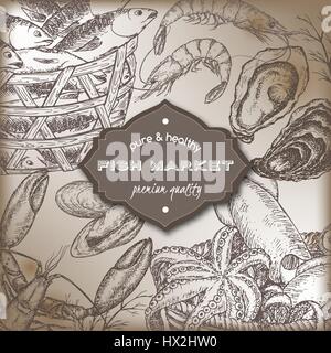 Vintage template with fish and seafood baskets, shrimps, lobster, oysters. Stock Vector