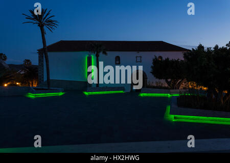 Green LED lighting in the Plaza de Espana, Adeje, Tenerife, Canary Islands, Spain Stock Photo