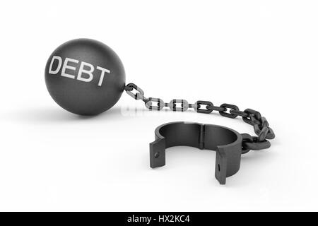 Ball and chain opened with 'DEBT' text on the ball. This image indicates that a person is free from his debts. Stock Photo