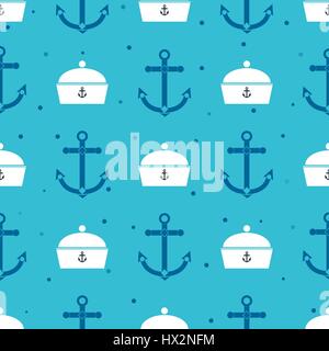 Pattern with sea symbols, sailboat, cabin boy and anchor Stock Vector