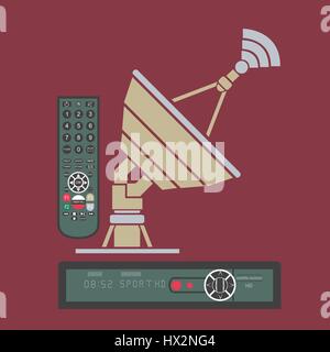 Satellite dish, receiver, remote control in flat style Stock Vector
