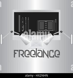 Stylish image, the word freelance on a gray gradient background. Computer monitor and lamps illuminate the text. Stock Vector
