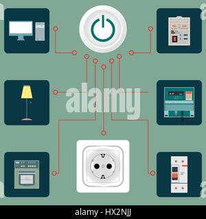 Electrical circuit with an image of electric devices in flat-style Stock Vector