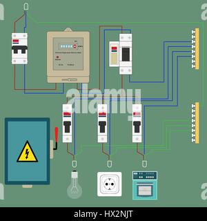 Electrical circuit with an image of electric devices in flat-style Stock Vector