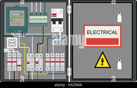 Picture of the electrical panel, electric meter and circuit breakers Stock Vector