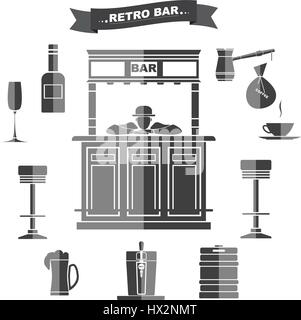 Interior and subjects of bar in a retro style. A bar counter with the bartender. Icons with a banner in gray color. Stock Vector