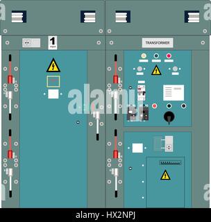 Picture of the electrical panel, electric meter and circuit breakers,high-voltage transformer Stock Vector