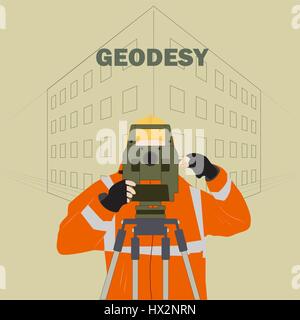Occupation surveyor illustration depicting a man in work clothes with a theodolite instrument against the backdrop of the project at home Stock Vector