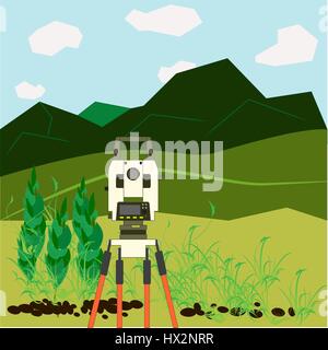 Device surveyor - a theodolite, is in an open area in the mountains, beautiful natural scenery Stock Vector