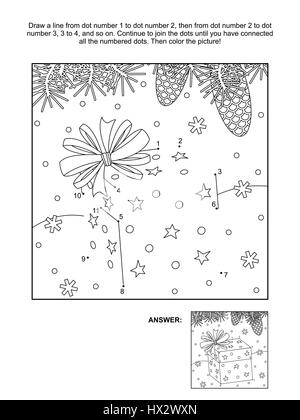 Winter, New Year or Christmas themed connect the dots picture puzzle and coloring page - gift box with a bow. Answer included. Stock Vector