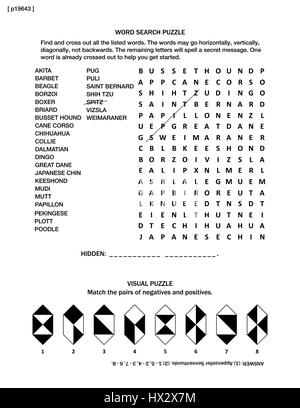 Puzzle page with two brain games: dogs themed word search puzzle and visual riddle.  Black and white, A4 or letter sized. Answer included. Stock Vector