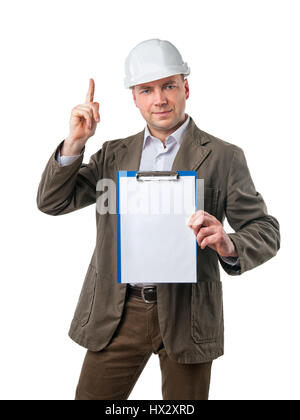 a man in a construction helmet raised his index finger and holding a folder Stock Photo