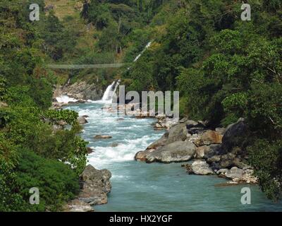 Turquoise Marsyangdi river. Scene near Jagat, Annapurna Conservation Area, Nepal. Stock Photo