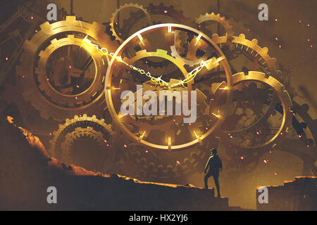 man standing in front of the big golden clockwork,illustration painting Stock Photo