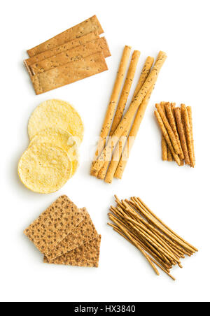 Crispbread and pretzel sticks isolated on white background. Stock Photo