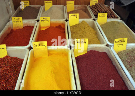 Spices at a market in the souq of the Muslim Quarter in Jerusalem, IL. Stock Photo