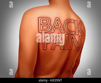 Back pain medical concept as text tattoo art on human skin as a muscular health or skeletal ache or spine injury with 3D illustration elements. Stock Photo