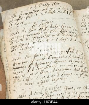 Handwritten page featuring recipes to treat 'a bluddy flux' and deafness from a book of recipes by Elizabeth Strachey (ca, 1693. 1670-1722). Courtesy National Library of Medicine. Stock Photo