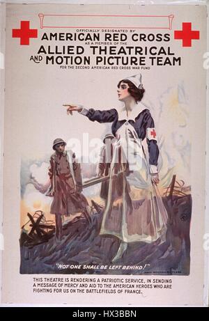 Poster issued by the American National Red Cross, depicting a nurse and two corpsmen on a battlefield, 1917. Courtesy National Library of Medicine. Stock Photo