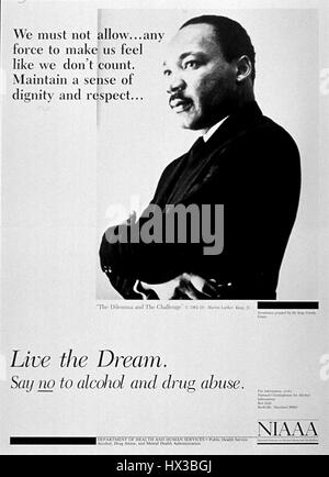 Poster issued by the National Institute on Alcohol Abuse and Alcoholism, depicting Dr. Martin Luther King, Jr. discouraging substance abuse, 1962. Courtesy National Library of Medicine. Stock Photo