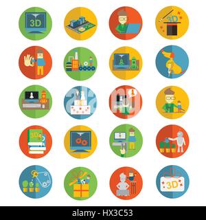 Printer 3d flat icons set for Sculpturing, creation of figurines and souvenirs Stock Vector