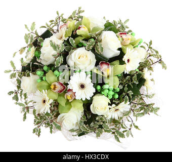 Floristic composition of white roses, white gerberas and orchids. Floral compositions, design a bouquet, floral arrangement.  Isolated on white backgr Stock Photo