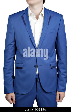 Men's wedding suit of bright blue color trousers and jacket, isolated on white. Stock Photo