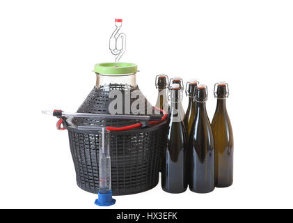 Set of equipment for home winemaking, carboy with a hose, airlock, wine bottles of dark glass with plastic caps and rubber seal, hygrometer, isolated  Stock Photo