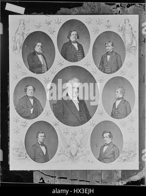 Portrait of 15th President of the United States James Buchanan (center), surrounded by portraits of the members of his cabinet (clockwise from top): Secretary of the Treasury Howell Cobb, Postmaster General Joseph Holt, Secretary of the Navy Isaac Toucey, Attorney General Jeremiah S. Black, Secretary of the Interior Jacob Thompson, Secretary of War John B. Floyd, and Secretary of State Lewis Cass, 1863. Image courtesy National Archives. Stock Photo