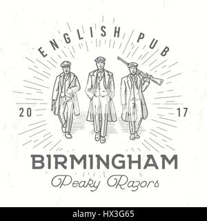 Retro peaky logo. Men in hats with blinders illustration. Gangsters vintage poster. English pub insignia. Birmingham gang vector design Stock Vector