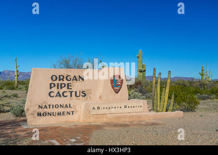 Entrance sign at the Organ Pipe Cactus National Monument, Arizona, USA. Stock Photo
