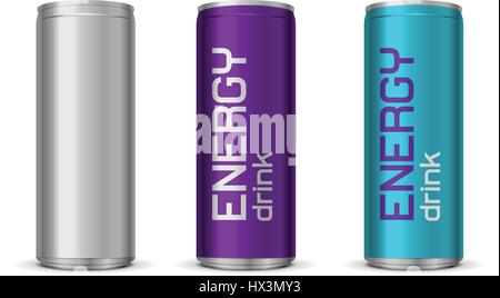 Vector illustration of bright energy drink cans in blue and purple color, isolated on white background Stock Vector