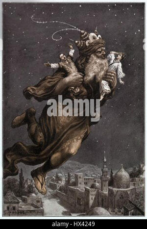 Illustration of Aladdin Flying Away with Two People from the Arabian Nights Stock Photo