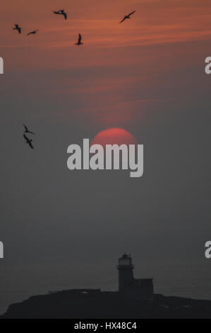 Eastbourne, East Sussex, UK. 24th Mar, 2017. Sunset over Belle Tout lighthouse on the South Downs as temperature starts to fall. Stock Photo