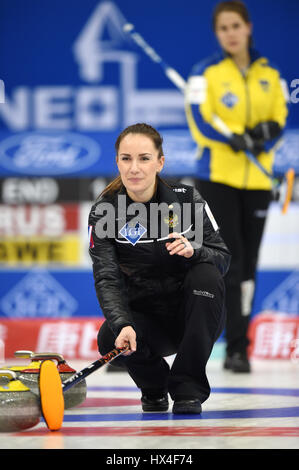 Beijing, China. 23rd Mar, 2017. Anna Sidorova of Russia competes during the World Women's Curling Championship semifinal match against Switzerland in Beijing, capital of China, March 23, 2017. Russia Won 9-3. Credit: Ju Huanzong/Xinhua/Alamy Live News Stock Photo