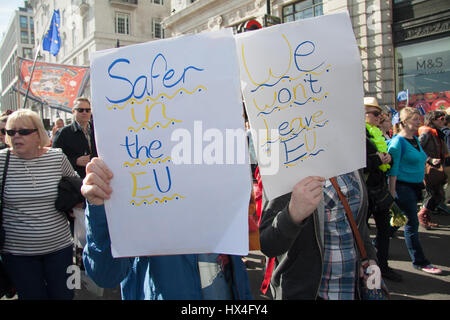 London UK. 25th March 2017. Thousands take part  in march to in Central London against Brexit as part of Unite  for Europe as Prime Minister Theresa May prepares  to trigger Article 50 on  March 29  to  begin the process of Britain's Withdrawal from the European Union Stock Photo