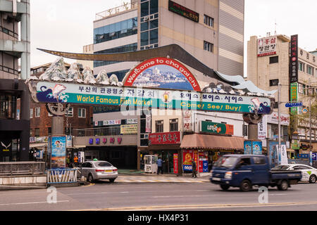 Jagalchi Fish Market entrance sign, Busan Gwangyeoksi, South Korea Stock Photo