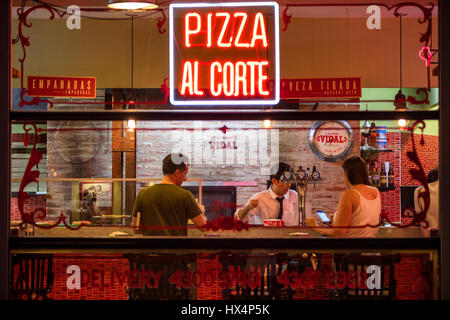 Window of a pizzeria in the district of San Telmo. Buenos Aires, Argentina. Stock Photo