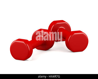A pair of red light weight dumbbells on white background Stock Photo